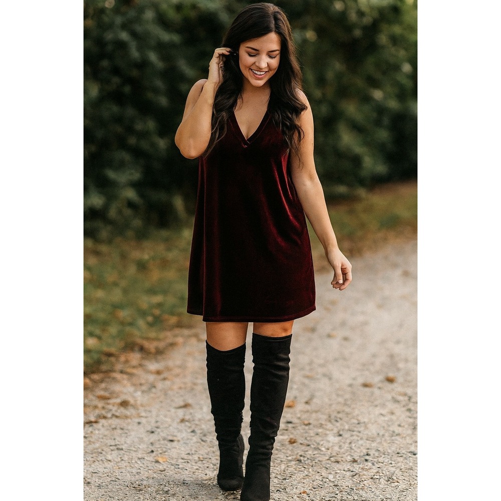 Adrienne Y2K Womens‎ Velvet Dress Sleeveless Casual Party Mini Dress Burgundy